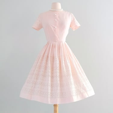 Darling 1960's Pale Pink Eyelet Cotton Day Dress / Sz S