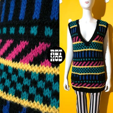 Cool Vintage 80s 90s Long Chunky Black Sweater Vest with Multicolor Stripes 