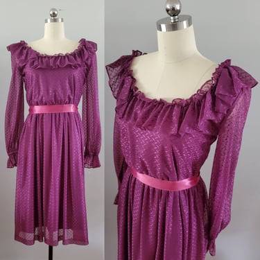 1970s Ruffle Collar Dress - 70's Dresses - 70s Women's Vintage Size Large 