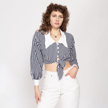 Medium 80s Blue & White Striped Cropped Chelsea Collar Blouse | Vintage Long Sleeve Tie Front Secretary Crop Top 