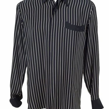 Brioni Roma 1980s Vintage Men's Black & Cream Striped Silk Collared Shirt 
