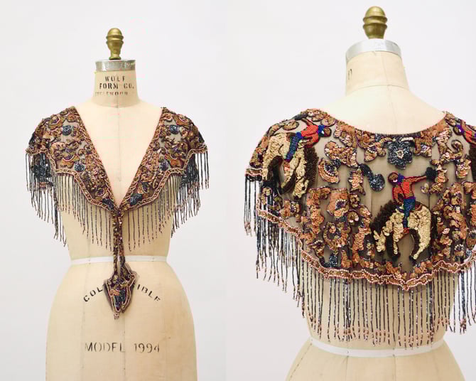 Vintage Metallic Beaded Sequin Fringe Shawl Horses Pony