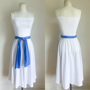 Vintage 1970s White & Blue Strapless Jersey Dress / XS 