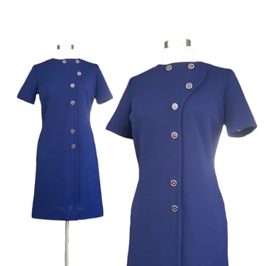 Vintage Mod Knit Dress, Medium Large / 1960s Navy Blue Dress / Heavy Knit Short Sleeve Office Dress / Knee Length Mid Century Cocktail Dress 