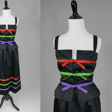 80s Anthony Muto Dress Set - Formal Black Satin Bodice and Skirt - Red Green Purple Ribbon Detail - Sleeveless - Vintage 1980s - M 