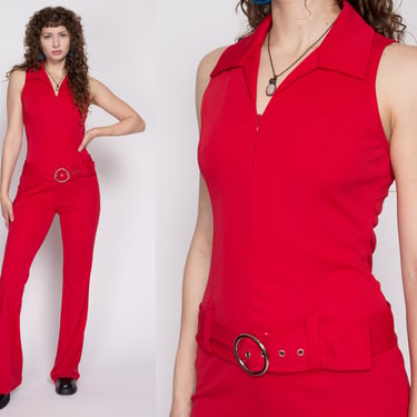 Med-Lrg Y2K Does 70s Red Belted Low Waist Jumpsuit | Vintage Flared Leg Retro Disco Pantsuit 