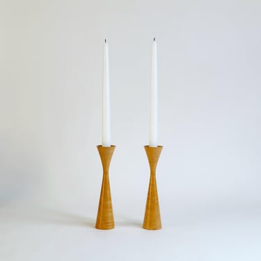 Vintage Candle Holders, Birdseye Maple Wood & Brass, Set of 2, MCM 1970's 