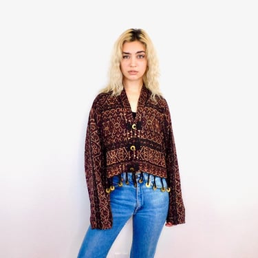Ikat Indonesian Jacket // vintage woven dress blouse boho hippie cropped cotton 70s 80s hippy brown high waist 1970s 1970's // O/S 