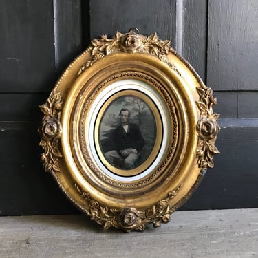 1850s French Portrait Frame, Gilded Gesso Rose Motif, English Portrait Photo, Black White, Original Frame, Dated 1857 