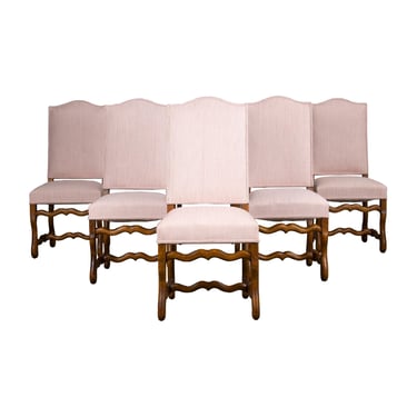 Antique French Louis XIII Style Os De Mouton Oak Dining Chairs W/ Striped Blush Pink Chenille- Set of 6 