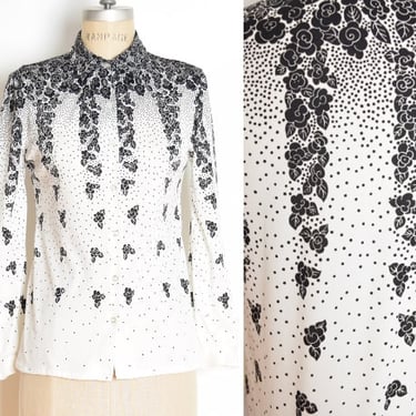 vintage 70s top white black floral print gradient disco shirt blouse button up S clothing 