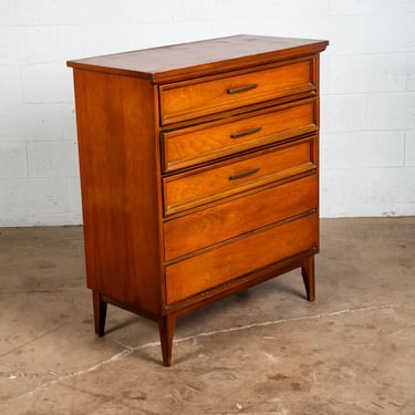 Mid Century Modern Dresser Highboy Dixie Walnut 5 Drawer Wood Brass Chest Handle