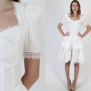 80s All White Gunne Sax Dress / 1980s Jessica McClintock Puff Sleeve Deco / Vintage Garden Full Skirt Open Back Gown 