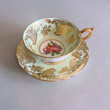 Vintage Paragon China Tea Cup and Saucer Mint Green Gold Floral Double Warrant 