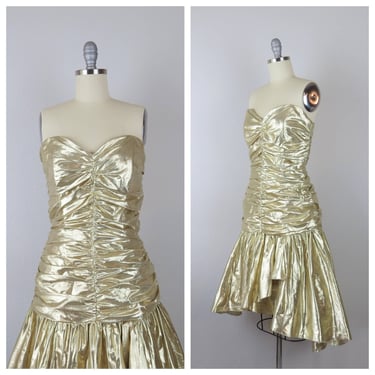 1980s party dress, strapless, gold metallic, mermaid, prom, formal, cocktail, glam 