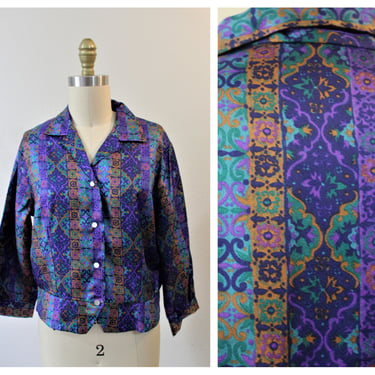 Vintage 1960s I Dream of Jeannie Jade Mosaic Acetate Crop Blouse top shirt  // Modern Size US 6 8 Small Med 