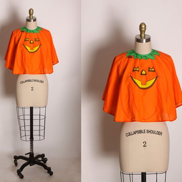 1980s Orange and Green Novelty Pumpkin Jack-o-Lantern Shawl Cape Costume 
