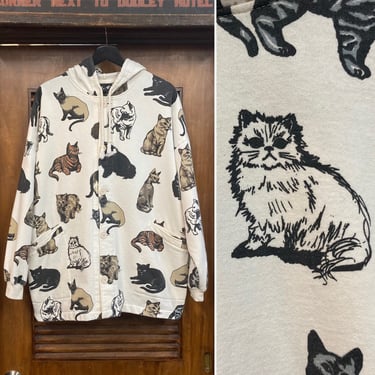 Vintage 1980’s “Michigan Rag” Label Cartoon Cat Print Sweatshirt Jacket, 80’s Hooded Jacket, Vintage Clothing 