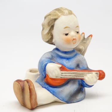 Vintage Hummel Candle Holder Goebel Sitting Angel with Lute Porcelain Figurine 1/38 Artist Signed W. Germany 