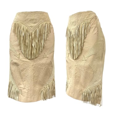 Vtg 00s Y2K Era Versace Southwestern Western Cowgirl Leather Fringe Pencil Skirt 