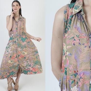 Safari Dress With Pockets, Jungle Print Button Up, Tropical Floral Sundress, Vintage 90s Plus Size 
