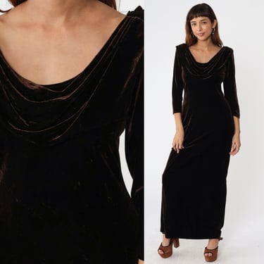 Brown Velvet Dress 90s Party Maxi Dress Cowl Neck Gown Retro Prom Club Long Sleeve Gothic Formal Alex Evening Vintage 1990s Medium 10 
