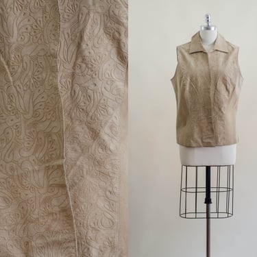 beige suede vest | 90s vintage plus size light academia embossed floral leather vest 