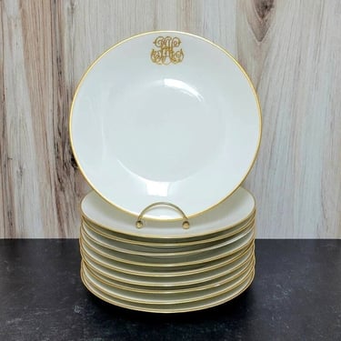 Bernardaud Limoges Monogrammed Gold and White Plates - Set of 10 - Rich & Fisher New York USA 