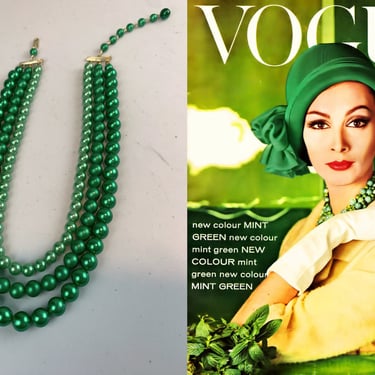 Mojitos For Before Four - Vintage 1950s 1960s Shades of Green Ombre Faux Pearl 3 Strand Necklace 