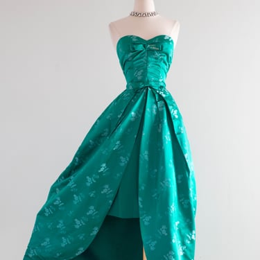 Stunning 1950's Peacock Green Silk Evening Dress With Tulip Skirt / Small