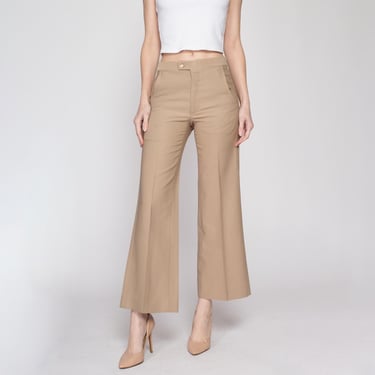 Small 70s Tan Mid Rise Flared Pants | Vintage Haggar Flares Retro Polyester Trousers 