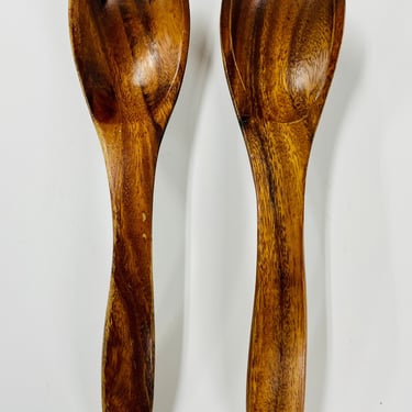 Vintage Hand Carved Wood Salad Serving / Spoon Fork Utensils / Set of 2 / FREE SHIPPING 