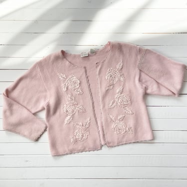 pastel pink sweater 80s 90s vintage soft fuzzy ribbon embroidered cardigan 