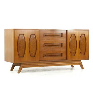 Young Manufacturing Mid Century Walnut and Burlwood Credenza - mcm 