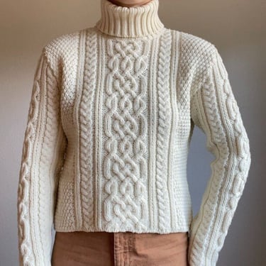 Paul James Womens White Fisherman 100% Wool Turtlneck Minimalist Sweater Sz M 