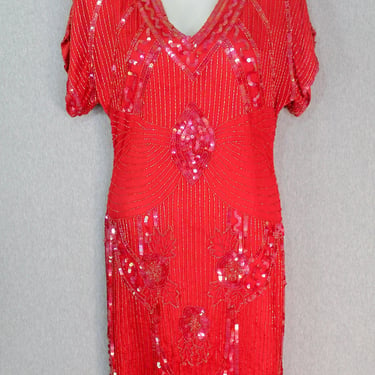 1980s - SCALA - Red Beaded Cocktail Dress - Sequin Party Dress - Size XS 