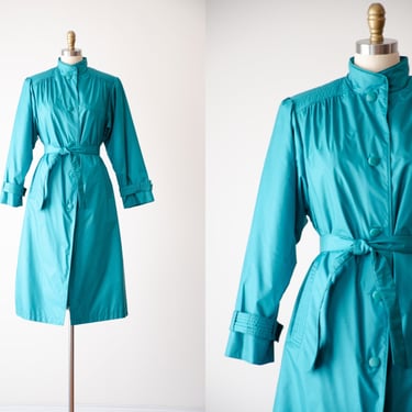 green trench coat | 80s vintage teal blue waterproof belted rain jacket 
