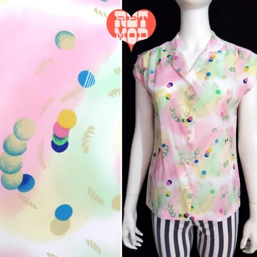 Interesting Vintage 70s 80s Pastel Pink Green Circles Patterned Button Down Blouse 