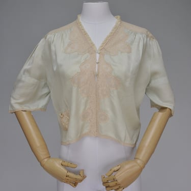 1920s 30s seafoam green bedjacket blouse with floral lace XS-M 