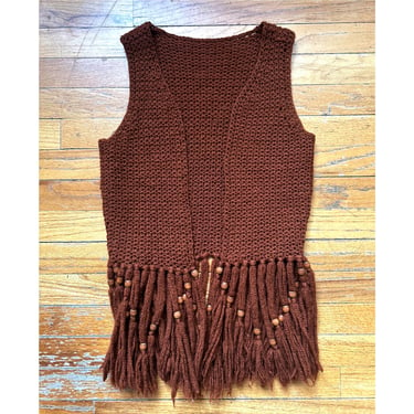 Vintage Knit Vest with Wood-Beaded Fringe - 1970s - Handmade - Brown - Boho, Hippie 