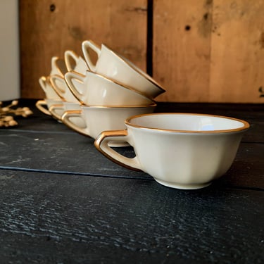 Set of 11 Flat Cup Set Beige and Gold Coffee Cups, Bistro Parisian Ceramic Espresso Cups Demitasse Brasserie Coffee 