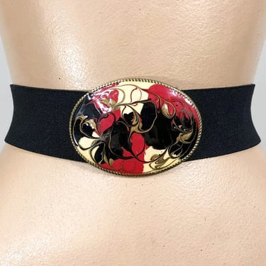 VINTAGE 80s Big Gold Metal Slide Buckle Stretch | Black  display picture 1