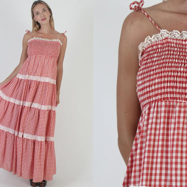 Gingham Americana Smocked Maxi Dress, Spaghetti Strap Shoulder Ties, Stretchy Elastic Bust, 70s Prairie Tiered Full Skirt 