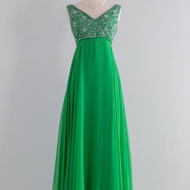 Stunning 1960's Silk Chiffon Lime Green Evening Gown / Medium