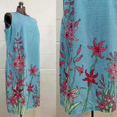 Vintage Tropical Dress Blue Pink Floral Flowers 1960s 60s Sleeveless Plus Curvy Volup Sundress Summer 1X 1XL XXL XL 