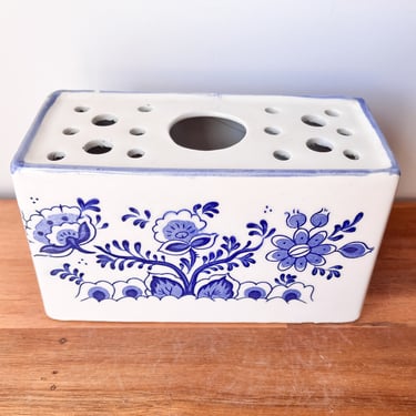 Vintage Rectangle Ceramic Blue Danube Flower Frog. Blue and White Floral Block Vase. 