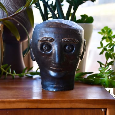 Vintage Handmade Ceramic Pottery Metallic Black Glazed Head Sculpture, ca. 1970's, signed, American 