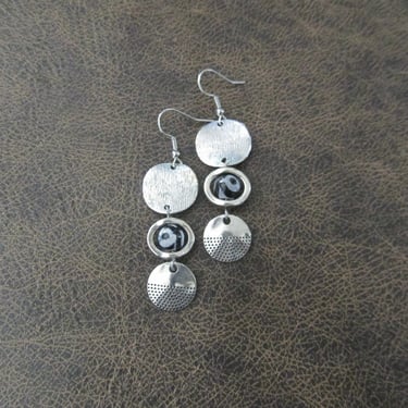 Tibetan agate and silver bohemian earrings black and white 