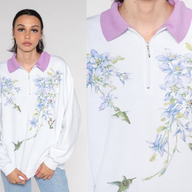 Hummingbird Sweatshirt Y2K Floral Quarter Zip Sweatshirt Columbine Flower Bird Print Graphic Collared Sweater White Vintage 00s Large L 