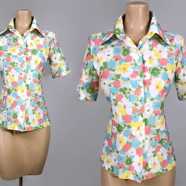VINTAGE 70s Flower Power Print Butterfly Collared Blouse By Jack Winter | 1970s Groovy Ladies Shirt | vfg 